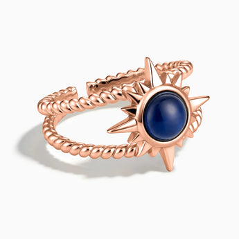 18KT Rose Gold Vermeil Round Blue Sapphire Sunburst Twisted Ring - Soleil Ray Front View
