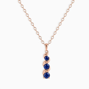18KT Rose Gold Vermeil Round Blue Sapphire Triple Gemstone Twisted Necklace - Spiral Rondo Front View