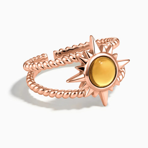 18KT Rose Gold Vermeil Round Citrine Sunburst Twisted Ring - Soleil Ray Front View
