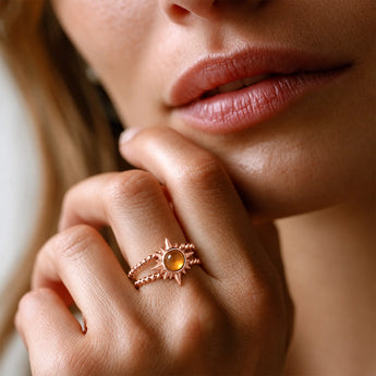 18KT Rose Gold Vermeil Round Citrine Sunburst Twisted Ring - Soleil Ray Model Shot