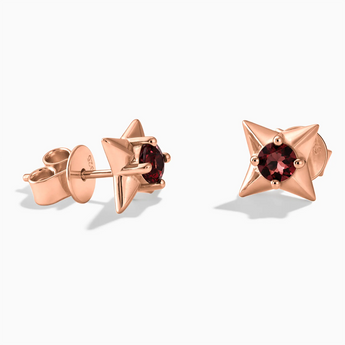18KT Rose Gold Vermeil Round Garnet Four Point Star Stud Earrings - Wishkeeper Front View