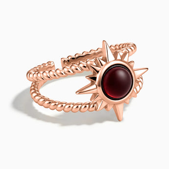 18KT Rose Gold Vermeil Round Garnet Sunburst Twisted Ring - Soleil Ray Front View