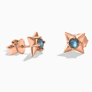 18KT Rose Gold Vermeil Round Labradorite Four Point Star Stud Earrings - Wishkeeper Front View