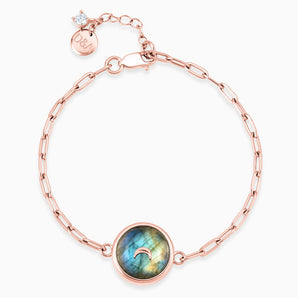 18KT Rose Gold Vermeil Round Labradorite Paperclip Bracelet - Solo Moon Front View