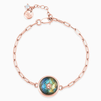 18KT Rose Gold Vermeil Round Labradorite Paperclip Bracelet - Solo Sun Front View