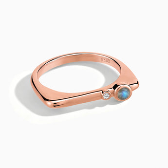18KT Rose Gold Vermeil Round Labradorite Puzzle Stacking Ring - Minimal Still Front View