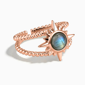 18KT Rose Gold Vermeil Round Labradorite Sunburst Twisted Ring - Soleil Ray Front View