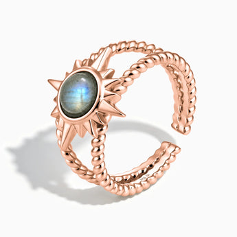 18KT Rose Gold Vermeil Round Labradorite Sunburst Twisted Ring - Soleil Ray Side View
