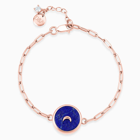 18KT Rose Gold Vermeil Round Lapis Lazuli Paperclip Bracelet - Solo Moon Front View
