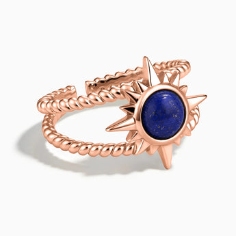 18KT Rose Gold Vermeil Round Lapis Lazuli Sunburst Twisted Ring - Soleil Ray Front View
