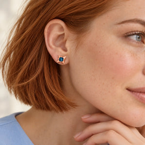 18KT Rose Gold Vermeil Round London Blue Topaz Four Point Star Stud Earrings - Wishkeeper Model Shot Close Up