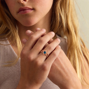 18KT Rose Gold Vermeil Round London Blue Topaz Sunburst Twisted Ring - Soleil Ray Model Shot