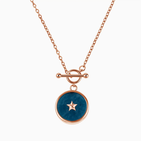 18KT Rose Gold Vermeil Round London Blue Topaz Toggle Clasp Necklace - Inner Star Front View