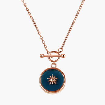 18KT Rose Gold Vermeil Round London Blue Topaz Toggle Clasp Necklace - Inner Sun Front View