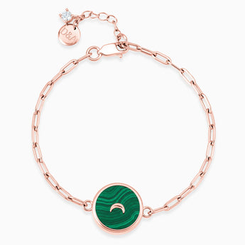 18KT Rose Gold Vermeil Round Malachite Paperclip Bracelet - Solo Moon Front View