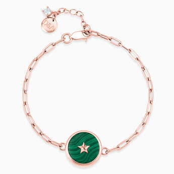 18KT Rose Gold Vermeil Round Malachite Paperclip Bracelet - Solo Star Front View
