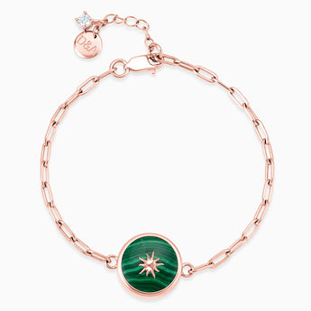 18KT Rose Gold Vermeil Round Malachite Paperclip Bracelet - Solo Sun Front View