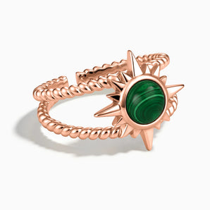 18KT Rose Gold Vermeil Round Malachite Sunburst Twisted Ring - Soleil Ray Front View