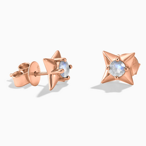 18KT Rose Gold Vermeil Round Moonstone Four Point Star Stud Earrings - Wishkeeper Front View