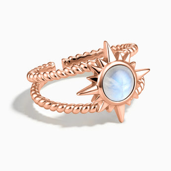 18KT Rose Gold Vermeil Round Moonstone Sunburst Twisted Ring - Soleil Ray Front View