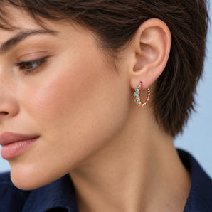 18KT Rose Gold Vermeil Round Moss Agate Bezel Hoop Earrings - Beaded Reverie Model Shot
