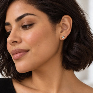 18KT Rose Gold Vermeil Round Moss Agate Four Point Star Stud Earrings - Wishkeeper Model Shot Close Up