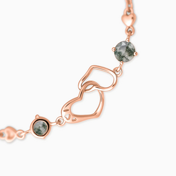 18KT Rose Gold Vermeil Round Moss Agate Heart Infinity Bracelet - Evermore Detail View