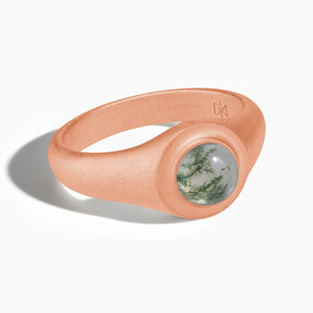 18KT Rose Gold Vermeil Round Moss Agate Sandblasted Ring - Matte Sculpt Front View