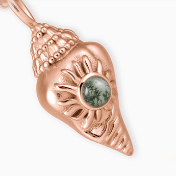 18KT Rose Gold Vermeil Round Moss Agate Sun Conch Necklace - Tidal Glow Detail View