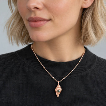 18KT Rose Gold Vermeil Round Moss Agate Sun Conch Necklace Tidal Glow Model Shot Close Up
