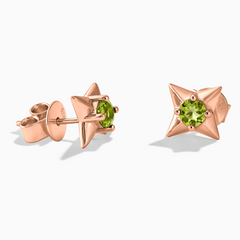 18KT Rose Gold Vermeil Round Peridot Four Point Star Stud Earrings - Wishkeeper Front View