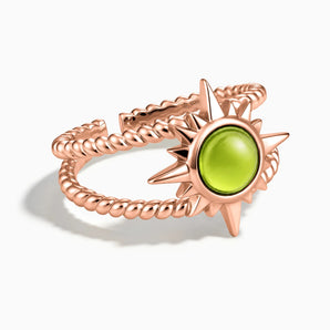 18KT Rose Gold Vermeil Round Peridot Sunburst Twisted Ring - Soleil Ray Front View