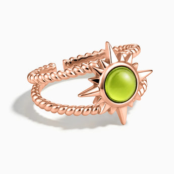 18KT Rose Gold Vermeil Round Peridot Sunburst Twisted Ring - Soleil Ray Front View