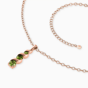 18KT Rose Gold Vermeil Round Peridot Triple Gemstone Twisted Necklace - Spiral Rondo Side View
