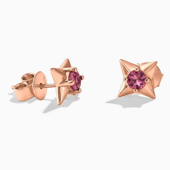 18KT Rose Gold Vermeil Round Pink Tourmaline Four Point Star Stud Earrings - Wishkeeper Front View