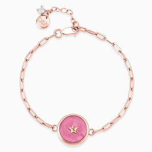 18KT Rose Gold Vermeil Round Pink Tourmaline Paperclip Bracelet - Solo Star Front View