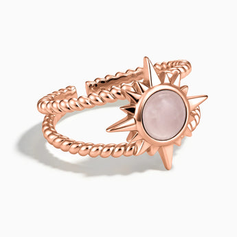 18KT Rose Gold Vermeil Round Rose Quartz Sunburst Twisted Ring - Soleil Ray Front View