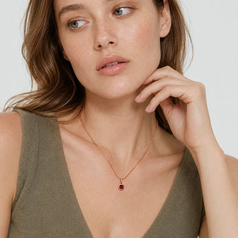 18KT Rose Gold Vermeil Round Ruby Bezel Necklace - Elara Model Shot