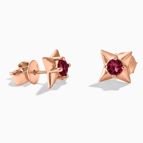 18KT Rose Gold Vermeil Round Ruby Four Point Star Stud Earrings - Wishkeeper Front View