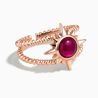 18KT Rose Gold Vermeil Round Ruby Sunburst Twisted Ring - Soleil Ray Front View