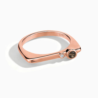 18KT Rose Gold Vermeil Round Smoky Quartz Puzzle Stacking Ring - Minimal Still Front View
