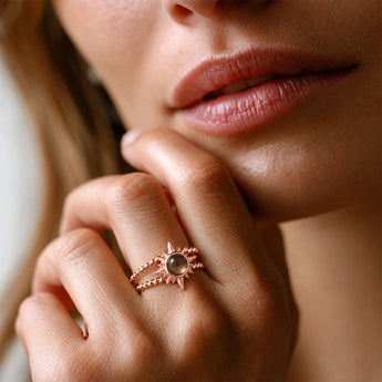 18KT Rose Gold Vermeil Round Smoky Quartz Sunburst Twisted Ring - Soleil Ray Model Shot