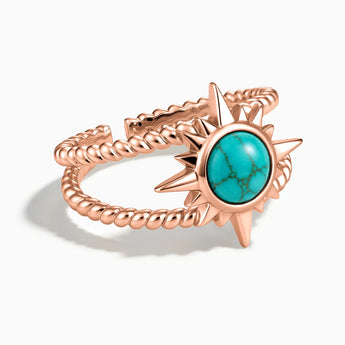 18KT Rose Gold Vermeil Round Turquoise Sunburst Twisted Ring - Soleil Ray Front View