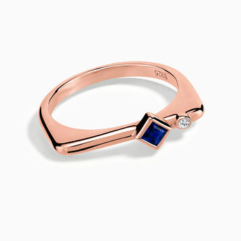 18KT Rose Gold Vermeil Square Blue Sapphire Puzzle Stacking Ring - Minimal Light Front View