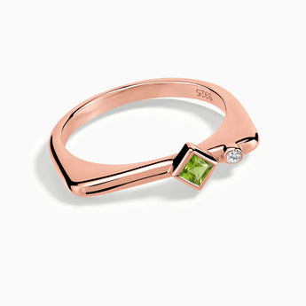 18KT Rose Gold Vermeil Square Peridot Puzzle Stacking Ring - Minimal Light Front View