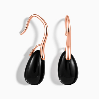 18KT Rose Gold Vermeil Teardrop Black Onyx Dangle Earrings - Dew Arc Front View