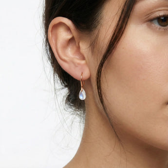 18KT Rose Gold Vermeil Teardrop Moonstone Dangle Earrings - Dew Arc Model Shot