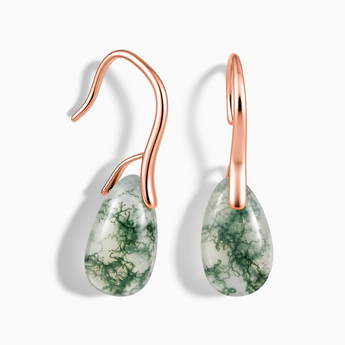 18KT Rose Gold Vermeil Teardrop Moss Agate Dangle Earrings - Dew Arc Front View