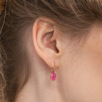 18KT Rose Gold Vermeil Teardrop Pink Tourmaline Dangle Earrings - Dew Arc Model Shot
