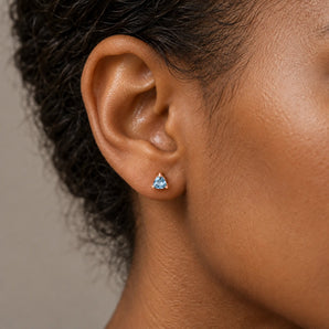 18KT Rose Gold Vermeil Triangle Aquamarine Solitaire Stud Earrings - Gentle Resolve Model Shot